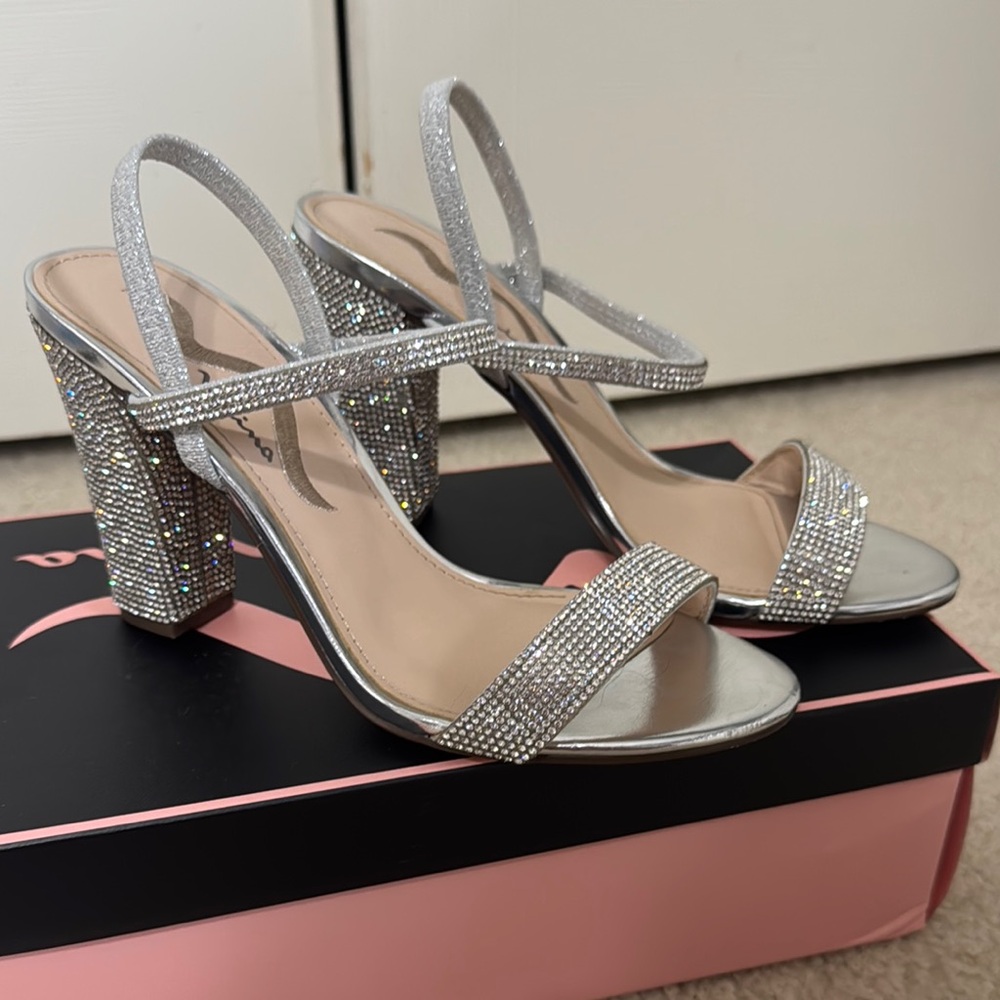 Nina Silver Glitter Heels with Ankle Strap